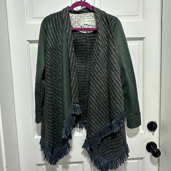Anthropologie Boho Chic Green & Gray Striped Fringe Open Front Cardigan Sweater - Picture 7 of 7